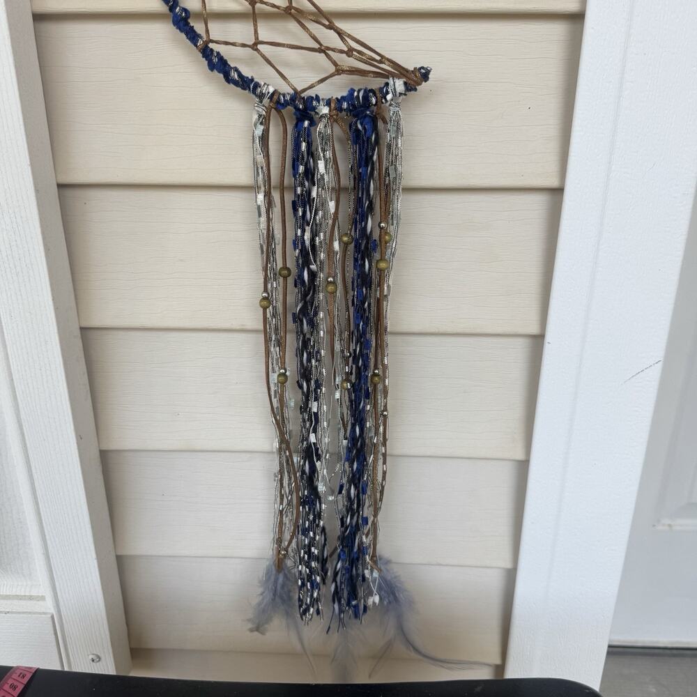 Moon & Star Dream Catcher - Blue & Bronze Wall Hanging, Celestial Room Decor 26" - Picture 5 of 6